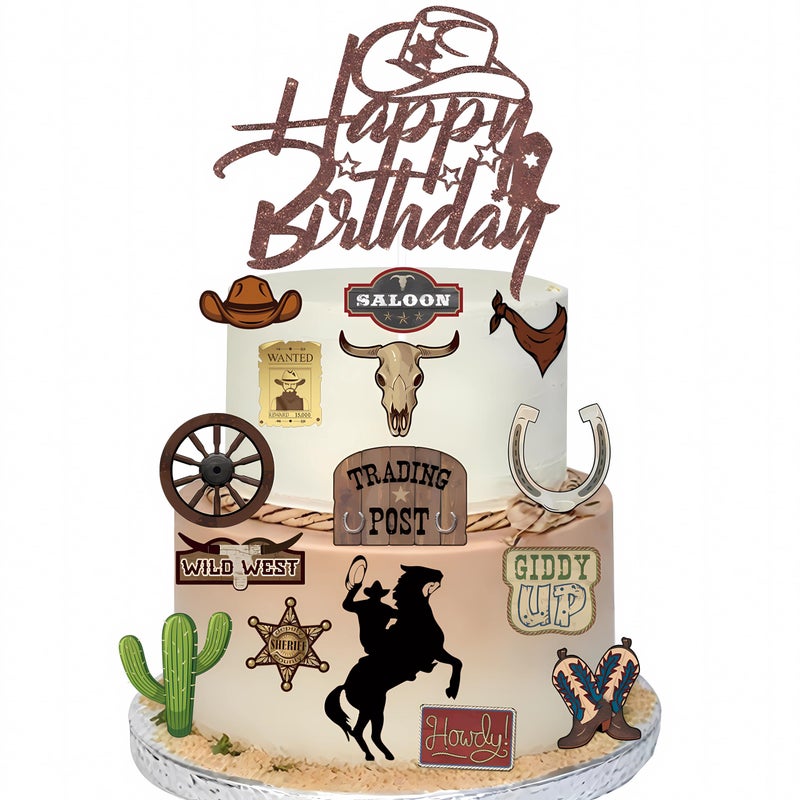 Pretyps 16 Pcs Cowboy Cake Toppers Glitter Cowboy Hat Cake Decorations Western Theme Happy Birthday Party Decoration for Boys Girls , Cowboy Birthday Sign Birthday Decor Party Decor Party Supplies - Image 1