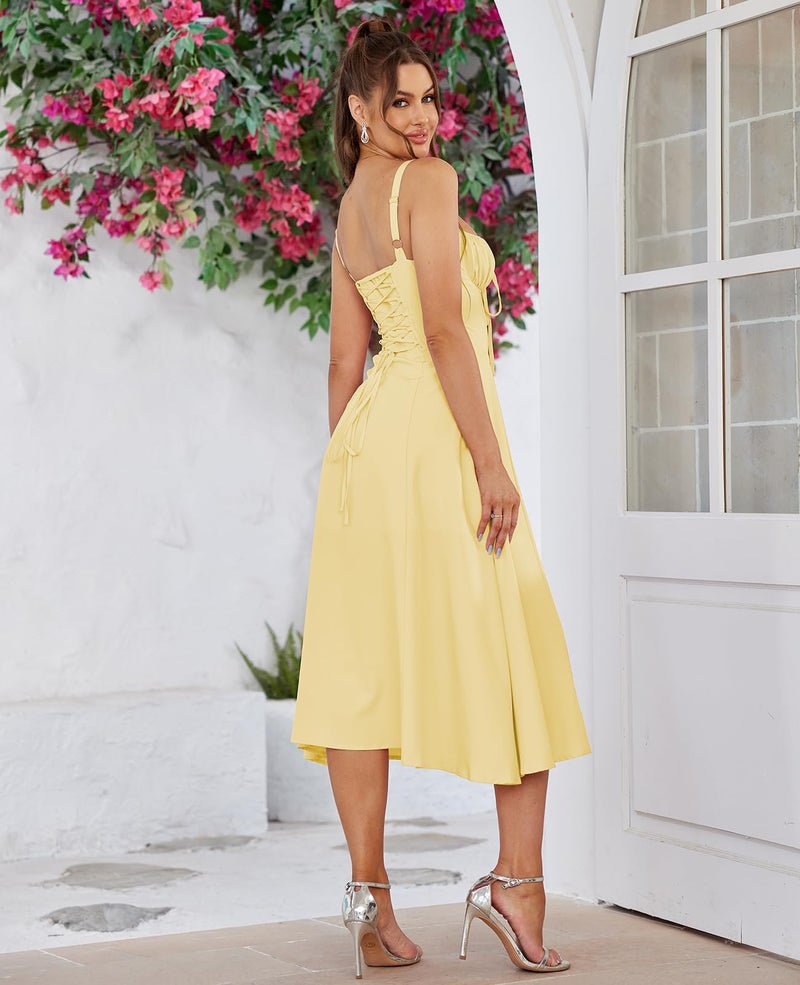 GLNEGE Wedding Guest Dresses for Women Midi Corset Lace Up A Line Dress Solid Flowy Slit Going Out Sundress for Tea Party - Image 3