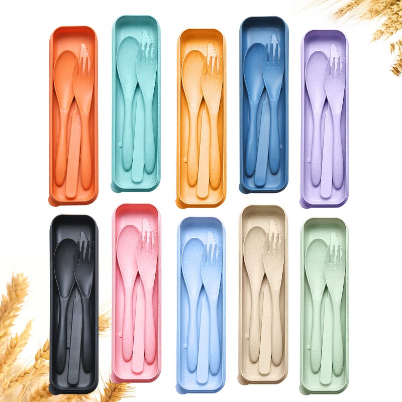 Reusable Travel Utensils Set with Case 10 Sets Wheat Straw Portable Plastic Fork Spoons Knife Camping Cutlery EcoFriendly BPA Free Lunch Tableware for Kids Adults Travel Picnic Utensils