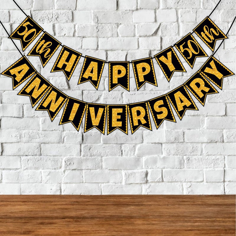 WOBBOX Wobbox 50th Anniversary Bunting Banner, Golden Gliter & Black, Anniversary Party Decoration  - Image 1