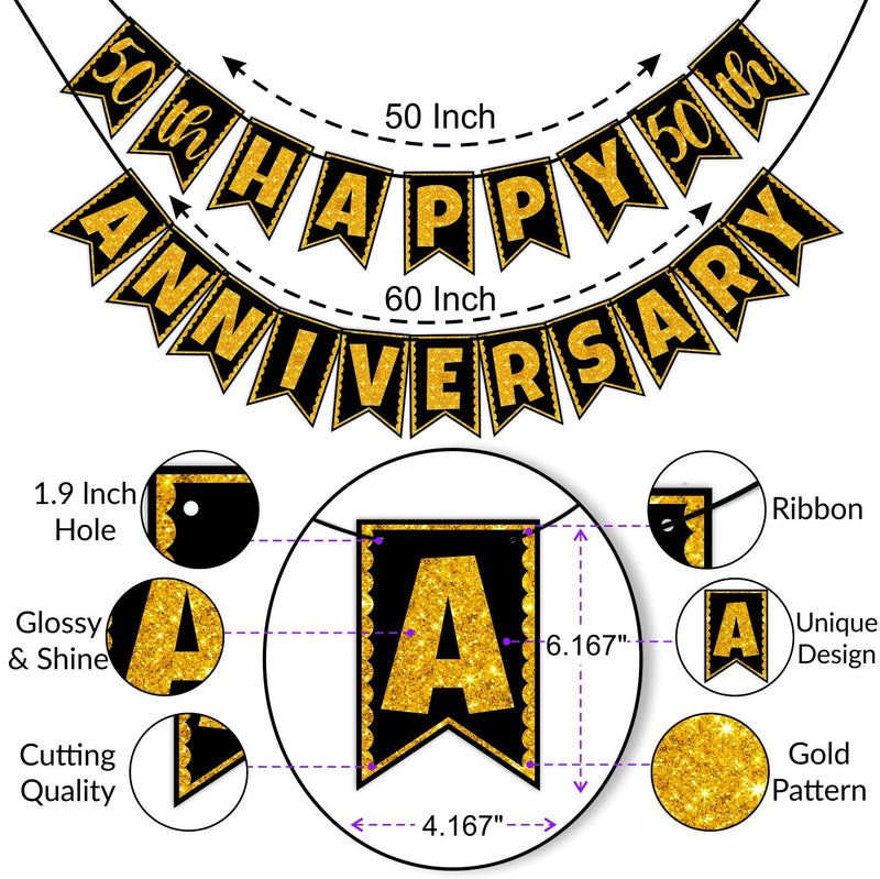 WOBBOX Wobbox 50th Anniversary Bunting Banner, Golden Gliter & Black, Anniversary Party Decoration  - Image 3