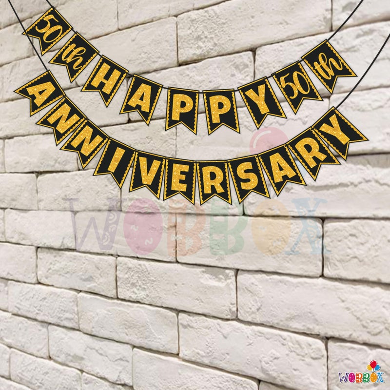 WOBBOX Wobbox 50th Anniversary Bunting Banner, Golden Gliter & Black, Anniversary Party Decoration  - Image 4