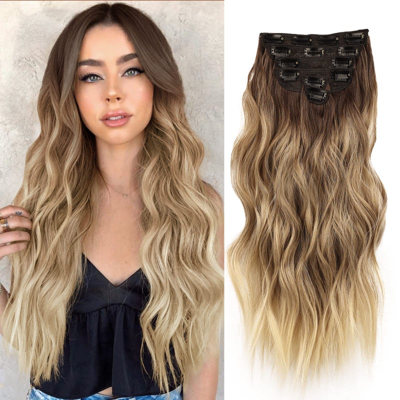 NAYOO Clip in Hair Extensions for Women 20 Inch Long Wavy Curly Ombre Brown to Blonde Hairpieces Full Head Synthetic Hair Hairpieces(6PCS,Ombre Brown to Blonde) - Image 1