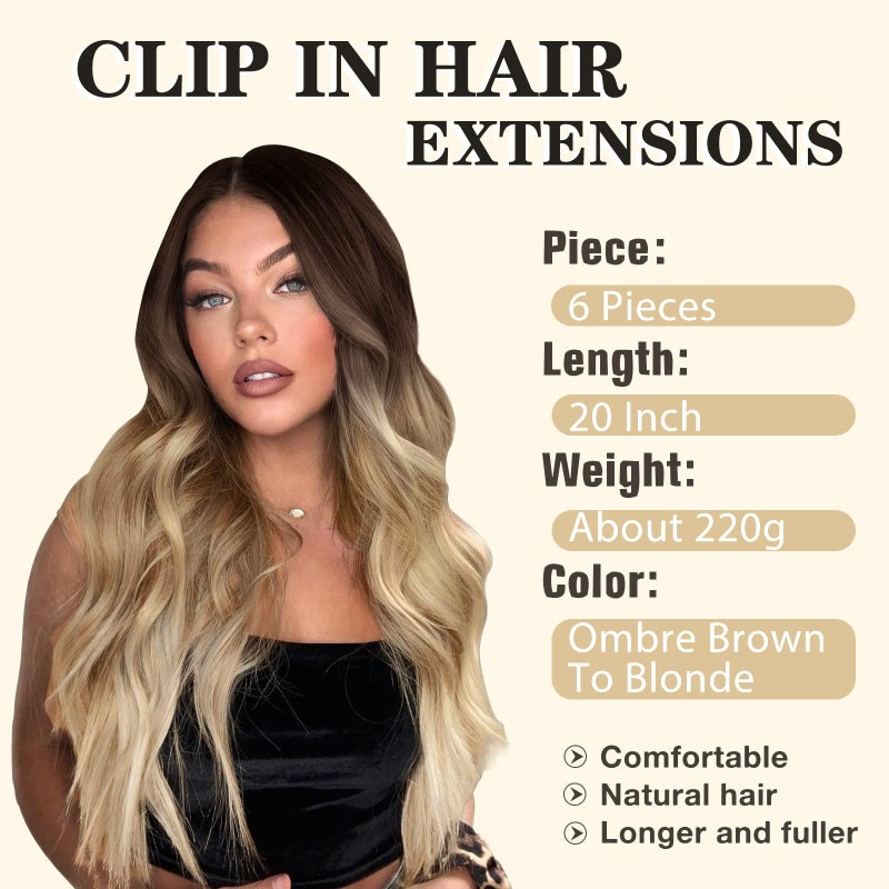 NAYOO Clip in Hair Extensions for Women 20 Inch Long Wavy Curly Ombre Brown to Blonde Hairpieces Full Head Synthetic Hair Hairpieces(6PCS,Ombre Brown to Blonde) - Image 2