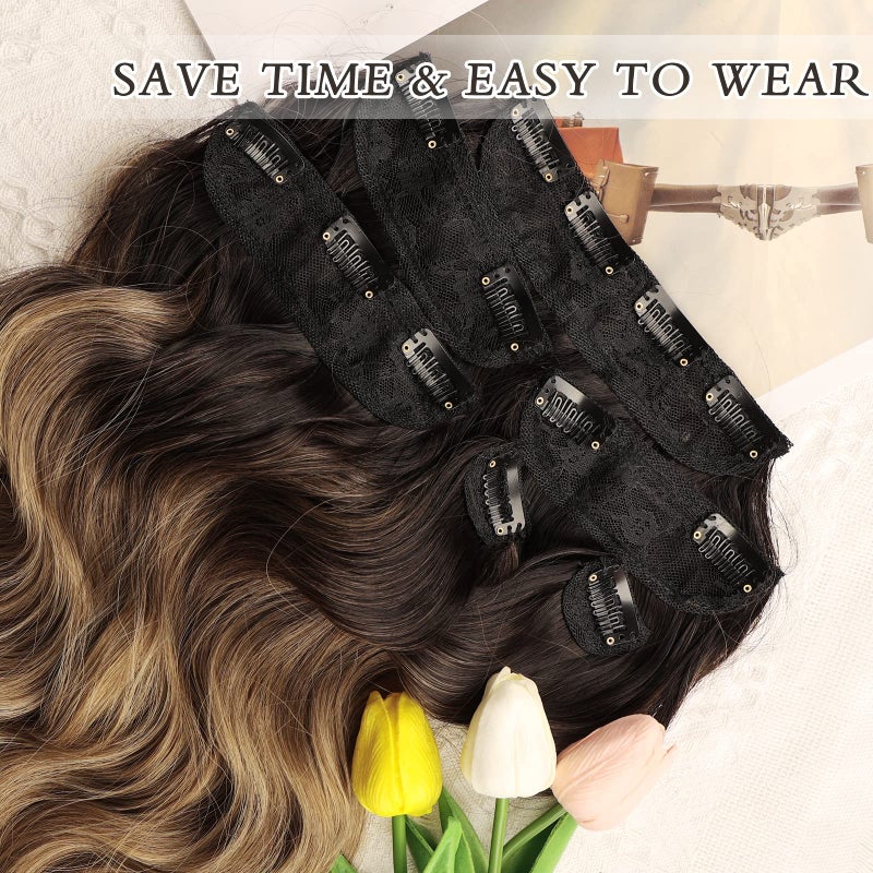NAYOO Clip in Hair Extensions for Women 20 Inch Long Wavy Curly Ombre Brown to Blonde Hairpieces Full Head Synthetic Hair Hairpieces(6PCS,Ombre Brown to Blonde) - Image 4
