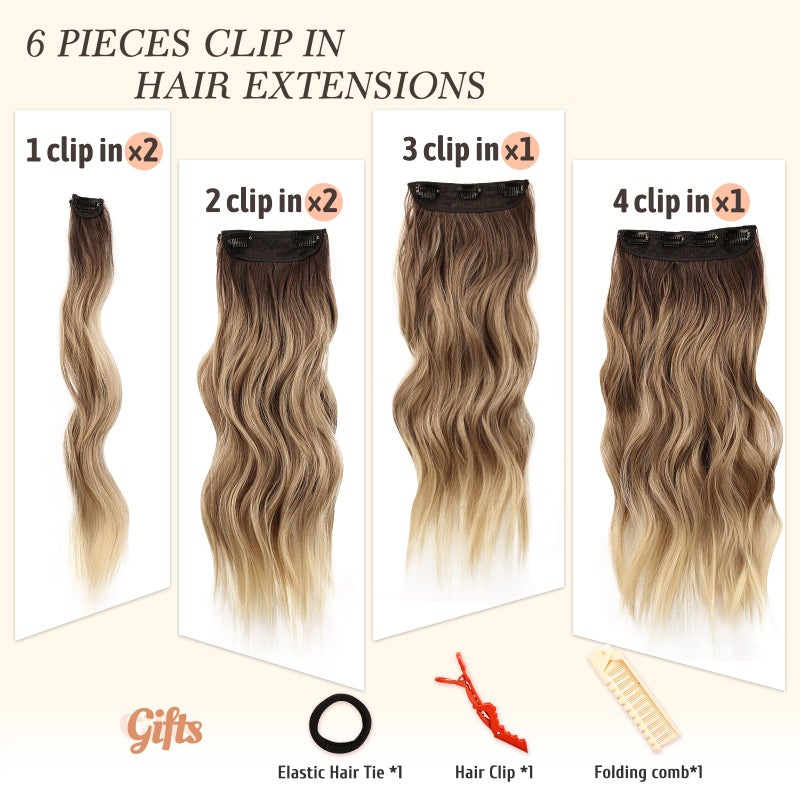 NAYOO Clip in Hair Extensions for Women 20 Inch Long Wavy Curly Ombre Brown to Blonde Hairpieces Full Head Synthetic Hair Hairpieces(6PCS,Ombre Brown to Blonde) - Image 3