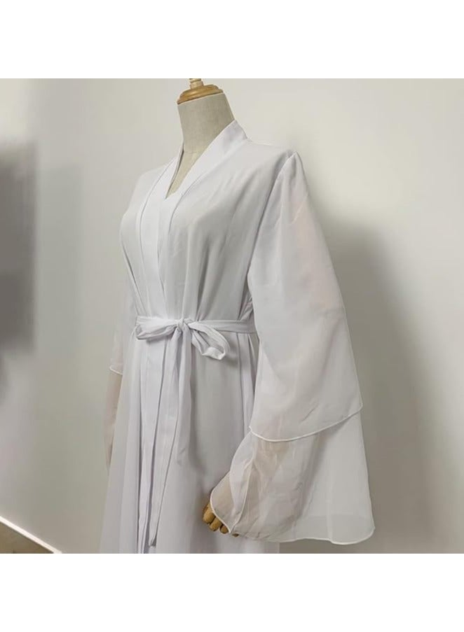 Solid Color Double Layered Chiffon Muslim Abaya Dress for Women's Daily Commuting Banquet Formal Occasion Cardigan Robe Paired With Same Color Buckle Belt (excluding matching dress and headscarf)  - Image 4