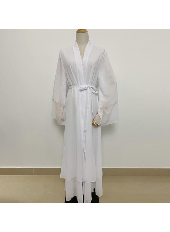Solid Color Double Layered Chiffon Muslim Abaya Dress for Women's Daily Commuting Banquet Formal Occasion Cardigan Robe Paired With Same Color Buckle Belt (excluding matching dress and headscarf)  - Image 3
