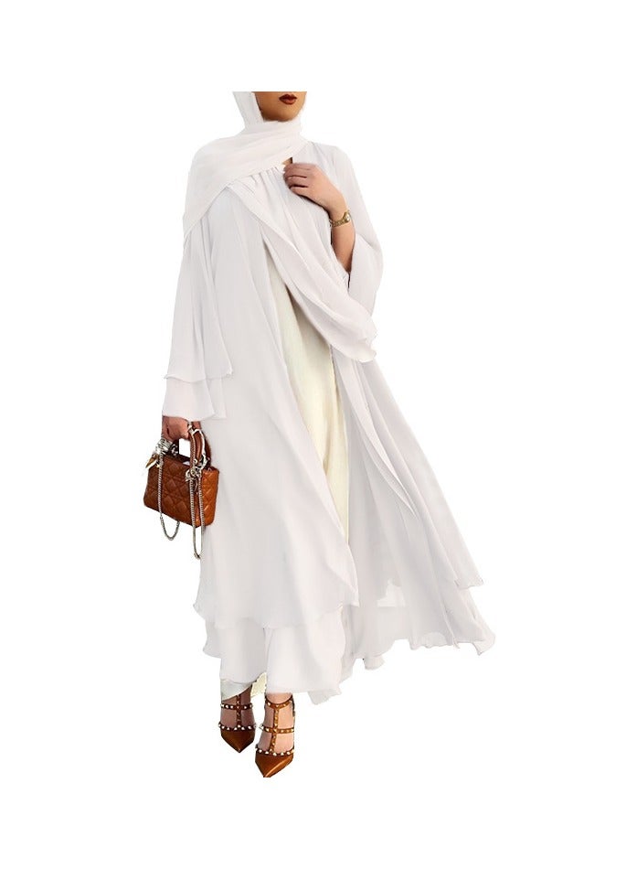 Solid Color Double Layered Chiffon Muslim Abaya Dress for Women's Daily Commuting Banquet Formal Occasion Cardigan Robe Paired With Same Color Buckle Belt (excluding matching dress and headscarf)  - Image 2