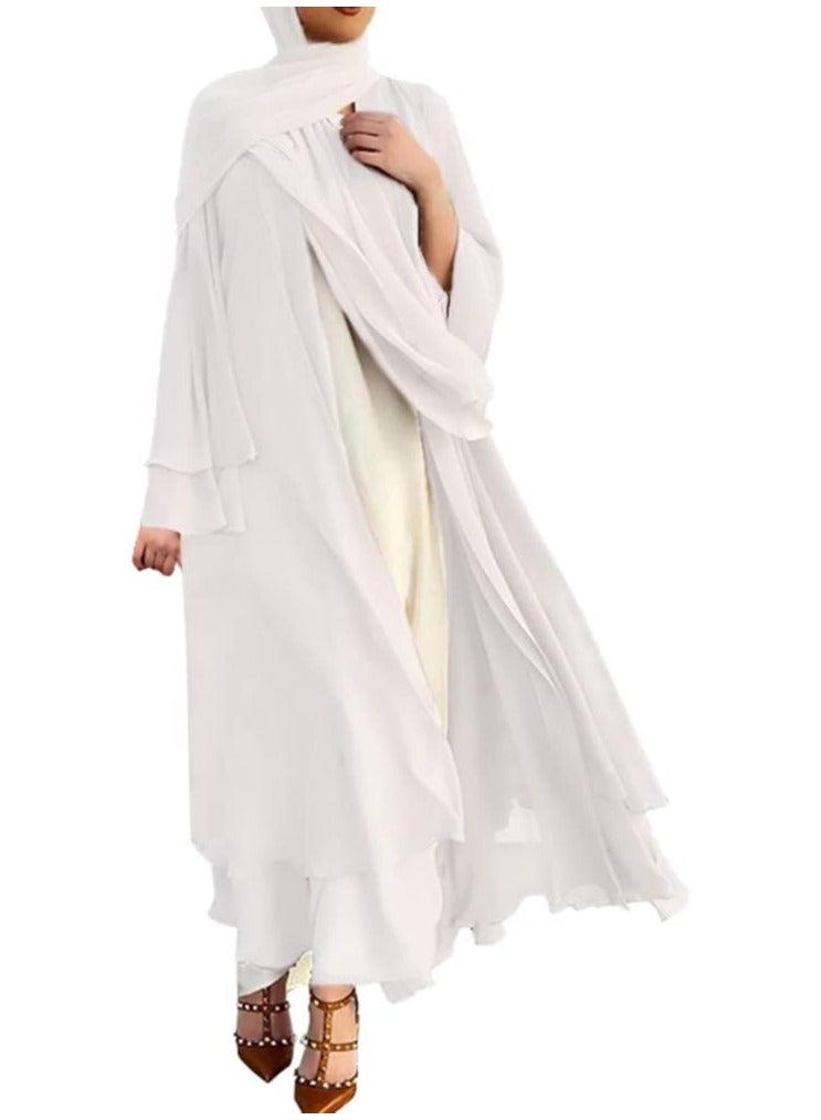 Solid Color Double Layered Chiffon Muslim Abaya Dress for Women's Daily Commuting Banquet Formal Occasion Cardigan Robe Paired With Same Color Buckle Belt (excluding matching dress and headscarf)  - Image 1