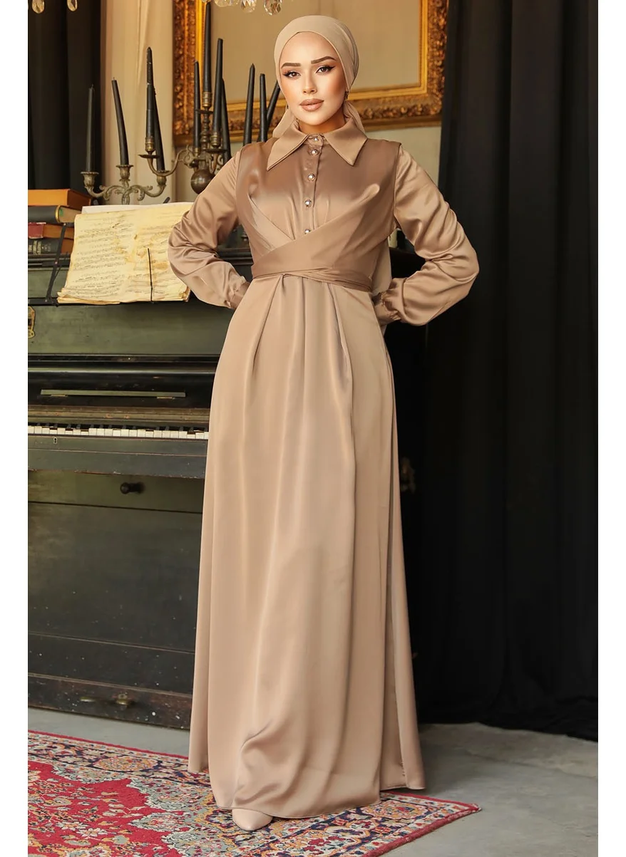 Neva Style Button Detailed Mink Hijab Satin Dress 45661V