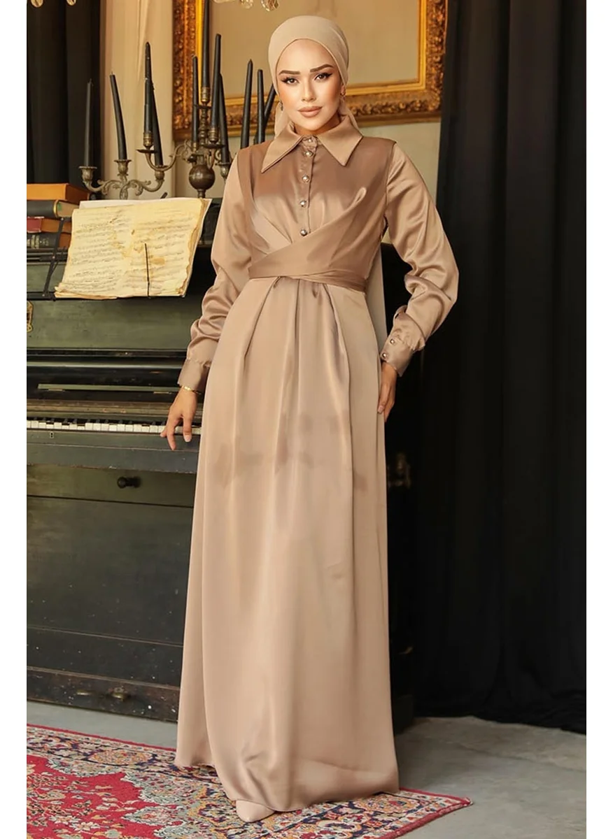 Neva Style Button Detailed Mink Hijab Satin Dress 45661V