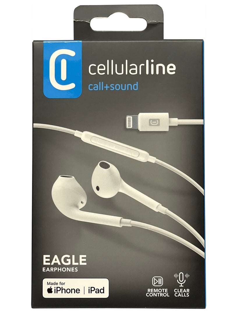 Cellularline High-quality wired earphones with Lightning connector, designed for Apple iPhone. Premium white in-ear headphones with stereo sound, built-in microphone, and volume control. Fully compatible with iPhone and iPad. Includes: iPhone wired earphones, Lightning earphones, stereo wired headset, Bluetooth headset, in-ear earphones, gaming earphones, over-ear headphones, Apple-compatible headphones, iPad headphones, wired Apple earphones, gaming wired earphones, wired iPhone headset, wired Apple headset.  - Image 1