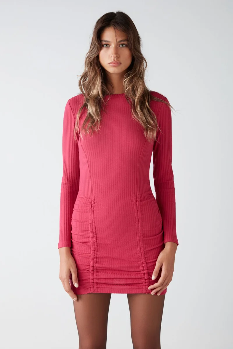 GRIMELANGE Belıssa Women's Wide Ribbed Flexible Fabric Body-hugging Bodycon Ice Rose Mini Fuchsia Dress