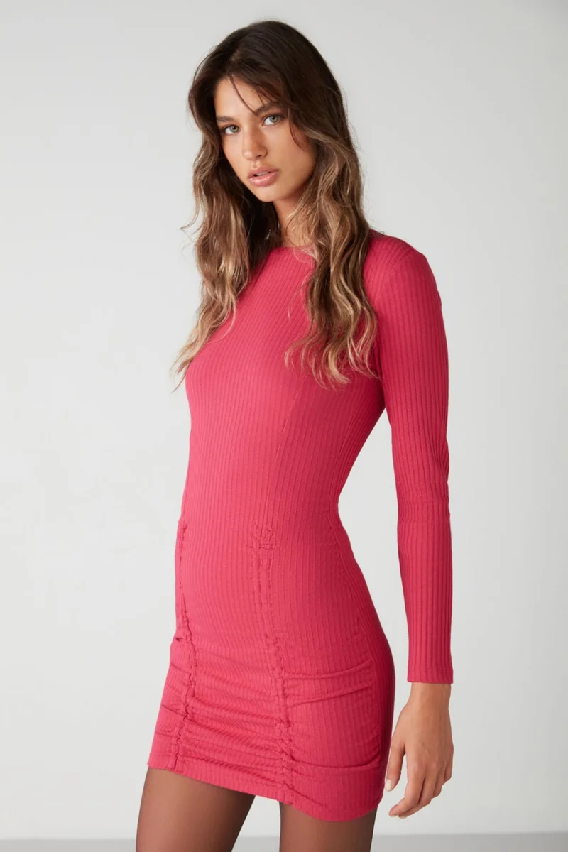 GRIMELANGE Belıssa Women's Wide Ribbed Flexible Fabric Body-hugging Bodycon Ice Rose Mini Fuchsia Dress