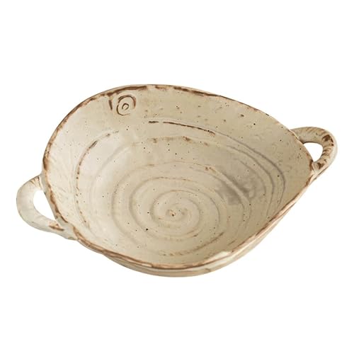 Amitofo Free-Form Edge Ceramic Bowl with Handles, Size Small, Retro Distressed Style Glazed for Fruit Bowl,Salad Bowl,Table Centerpiece Decor - Image 1