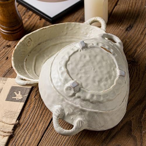 Amitofo Free-Form Edge Ceramic Bowl with Handles, Size Small, Retro Distressed Style Glazed for Fruit Bowl,Salad Bowl,Table Centerpiece Decor - Image 4