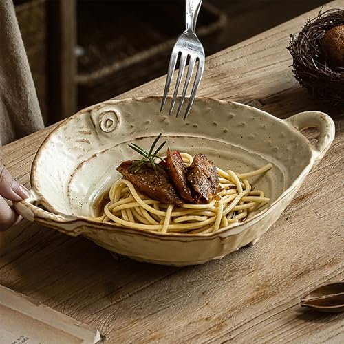 Amitofo Free-Form Edge Ceramic Bowl with Handles, Size Small, Retro Distressed Style Glazed for Fruit Bowl,Salad Bowl,Table Centerpiece Decor - Image 5