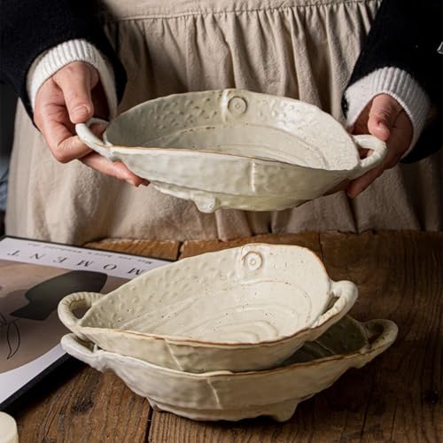 Amitofo Free-Form Edge Ceramic Bowl with Handles, Size Small, Retro Distressed Style Glazed for Fruit Bowl,Salad Bowl,Table Centerpiece Decor - Image 3
