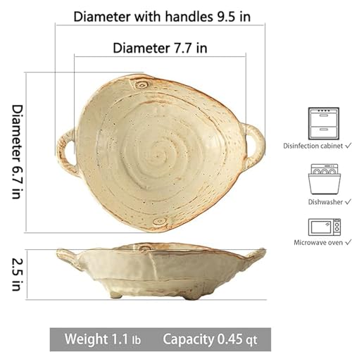 Amitofo Free-Form Edge Ceramic Bowl with Handles, Size Small, Retro Distressed Style Glazed for Fruit Bowl,Salad Bowl,Table Centerpiece Decor - Image 2