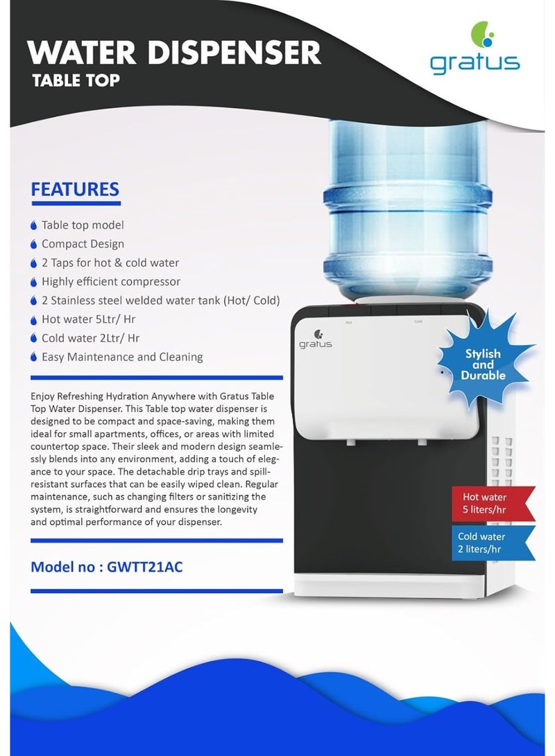 gratus GWTT21AC 2-Tap Table Top Hot & Cold Water Dispenser – Compact Design, Energy Efficient, 1 Year Full & 2 Year Compressor Warranty - Image 4