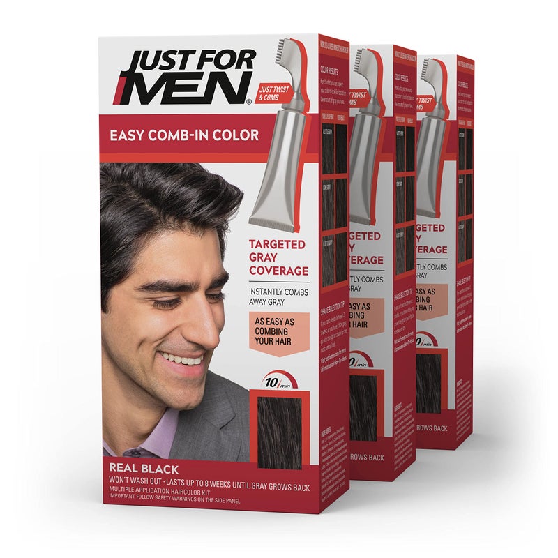 Just For Men Easy Comb-In Color Mens Hair Dye, Easy No Mix Application with Comb Applicator - Real Black, A-55, Pack of 3 - Image 1