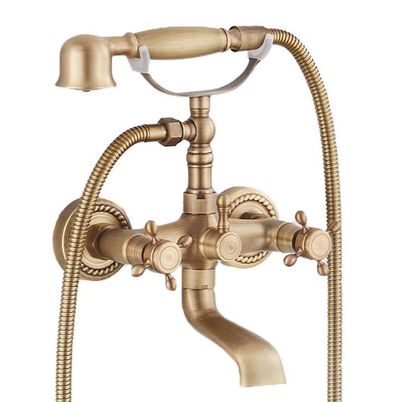 GGStudy Antique brass Clawfoot Bathtub Faucet Wall Mount Hand Held Shower Faucet Set Double cross Handle with Adapter Adjustable Swing Arms