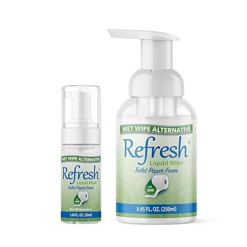 Refresh Liquid Wipe Toilet Paper Foam Travel & Home Bundle – Flushable Wet Wipe Alternative – Cleanses & Soothes with Witch Hazel & Aloe – Plumbing & Septic Safe – 50ml (1.69 oz) + 250ml (8.45 oz) - Image 1