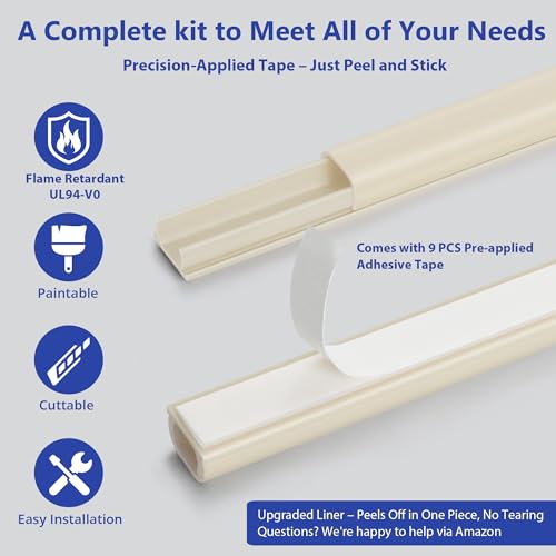 ZhiYo One Cord Cover Wall 153in(9X L17in) - Mini Wire Hider, Wire Cover for Hiding Speaker Wire, Baby Monitor Cord - Paintable Wire Channel for Cable Concealer, W0.5in H0.3in, CMR05 Beige - Image 3