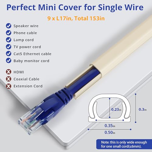 ZhiYo One Cord Cover Wall 153in(9X L17in) - Mini Wire Hider, Wire Cover for Hiding Speaker Wire, Baby Monitor Cord - Paintable Wire Channel for Cable Concealer, W0.5in H0.3in, CMR05 Beige - Image 2