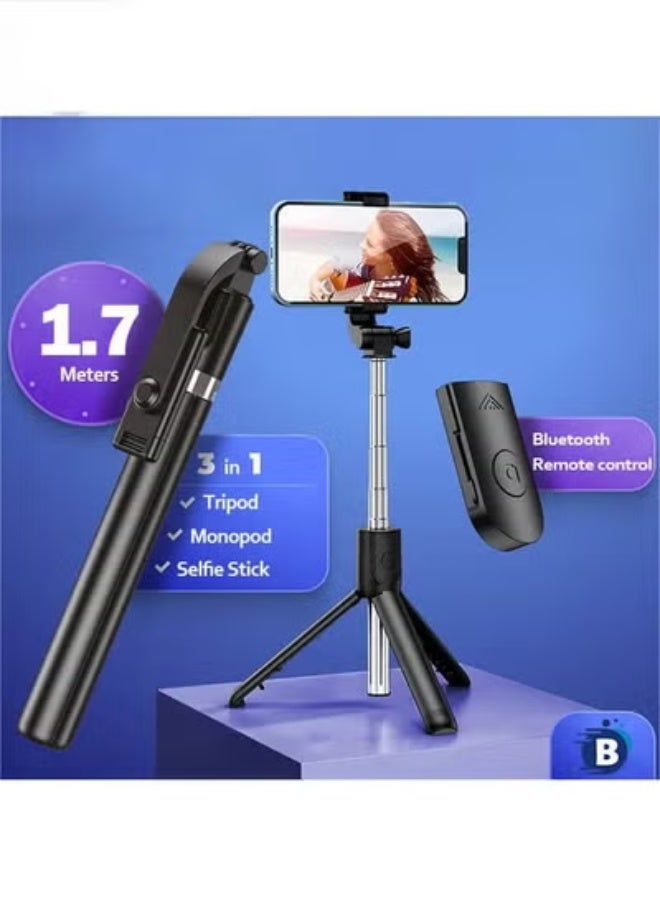 67 Inch Extendable Phone Tripod and Camera Stand, 3 In 1 with Bluetooth Remote and Clip, Selfie stick for smartphone, Monopod for phone, Black - Image 1