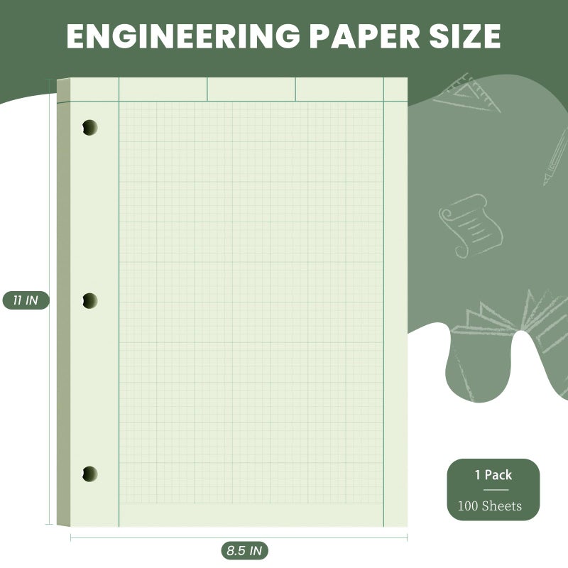 Aidunmis Engineering Paper 8.5 x 11, 100 Sheets Top Glue Binding Engineering Notebook, 5x5 Quad Ruled Graph Paper, 3-Hole Punched Engineering Computation Pad 8.5 x 11, Green Tint Engineering Paper Notebook - Image 2