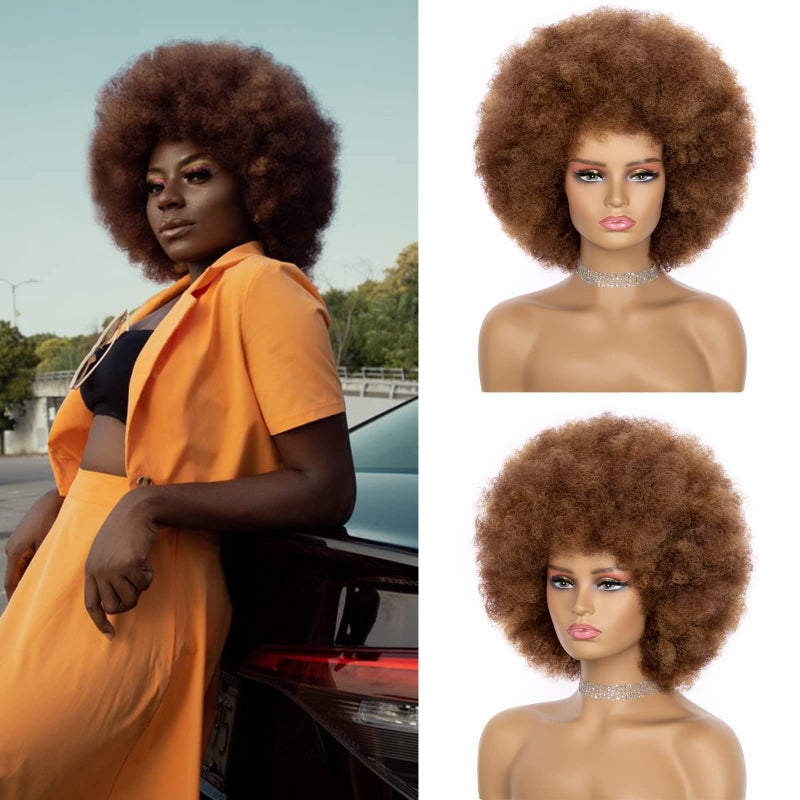 JSDshine Afro Wig For Women  Mix Brown 70s Afro Wigs Natural Looking Huge Afro Kinky Curly Wigs With Bangs Short Bouncy Afro Curly Wig Soft Afro Puff Wig Synthetic Hair Afro Wig For Daily Party Use
