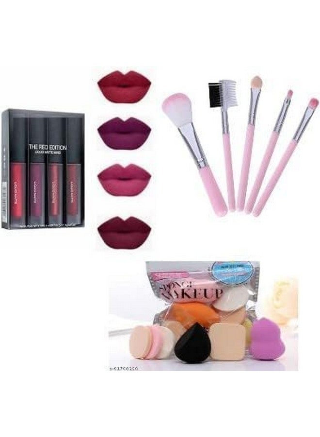 JAAYANSHA Professional Makeup Red Edition Liquid Matte Minis Lipstick, 6 ml and 5 Pink Makeup Brushes with 6in1 Makeup Beauty Blenders - (Set of 3)