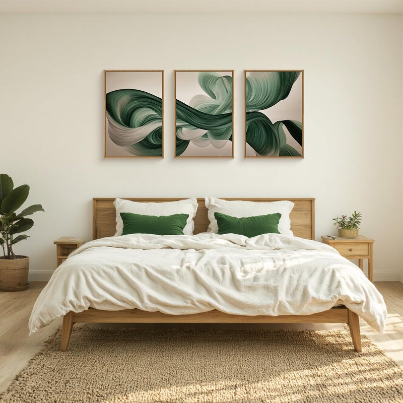KAIRNE Green Abstract Wall Art Set of 3, Minimalist Green Lines Wall Decor, Modern Flowing Texture Painting for Living Room, Bedroom, Office, Framed Easy to Hang 24x36 Inches - Image 3