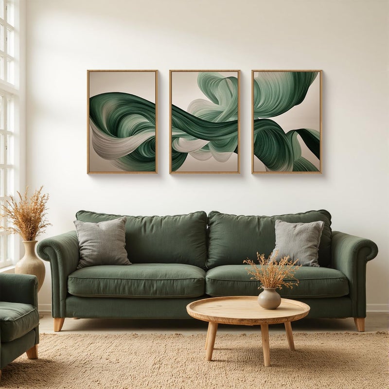 KAIRNE Green Abstract Wall Art Set of 3, Minimalist Green Lines Wall Decor, Modern Flowing Texture Painting for Living Room, Bedroom, Office, Framed Easy to Hang 24x36 Inches - Image 2