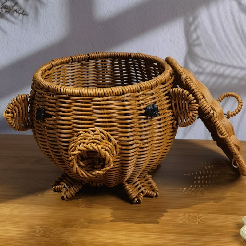 Woven Basket with Lid Household Imitation Rattan Basket Fruits Snacks Basket Desktop Woven Basket - Image 5