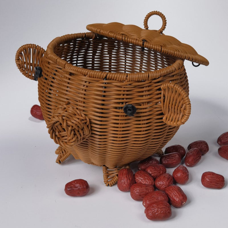 Woven Basket with Lid Household Imitation Rattan Basket Fruits Snacks Basket Desktop Woven Basket - Image 2