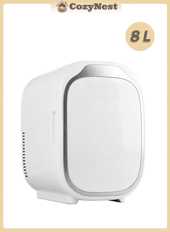 كوزينيست ثلاجة صغيرة بسعة 8 لتر مع باب مرآة بإضاءة LED، 3 مستويات سطوع، مبرد وسخان حراري محمول للعناية بالبشرة، مستحضرات التجميل، الطعام، المشروبات - مناسبة لغرفة النوم، المكتب، السكن، السيارة (أبيض) - Image 1