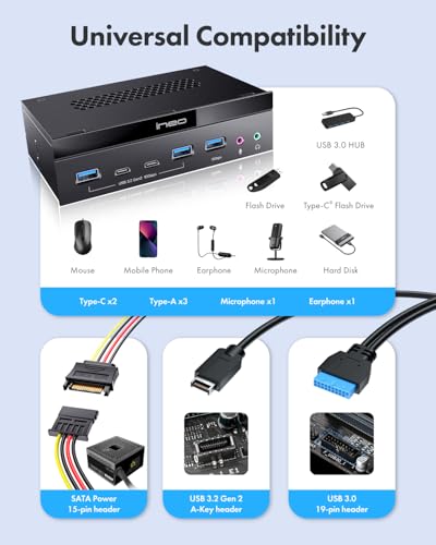 Ineo 5.25" Front Panel USB 3.2 Gen 2 Hub - 2X 10G USB-C, 2X 10G USB-A, 1x USB 3.0 Type-A, Audio & Mic Jack [3570II] - Image 4