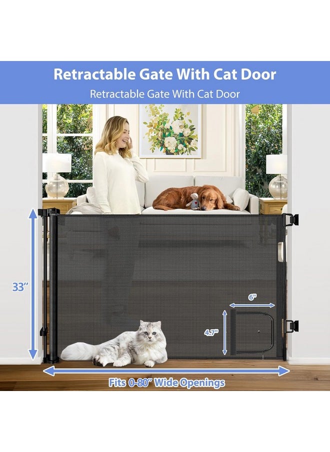 BETERTEK Retractable Baby Gates with Cat Door 80" Wide Retractable Dog Gate with Pet Door Outdoor Retractable Gate for Dogs Retractable Pet Gate with Door Mesh Baby Gate Retractable Mesh Dog Gate (Black)  - Image 1