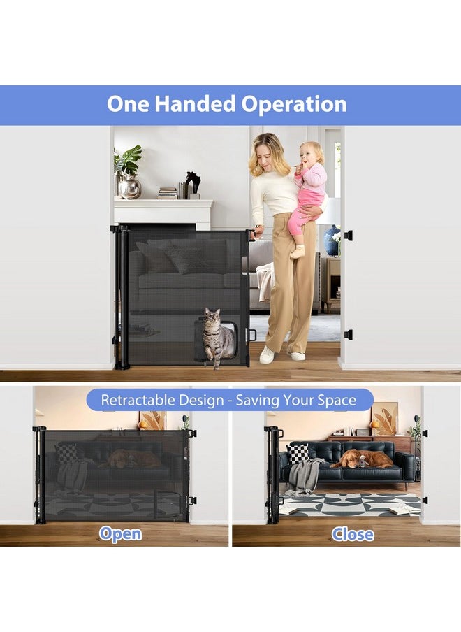 BETERTEK Retractable Baby Gates with Cat Door 80" Wide Retractable Dog Gate with Pet Door Outdoor Retractable Gate for Dogs Retractable Pet Gate with Door Mesh Baby Gate Retractable Mesh Dog Gate (Black)  - Image 3
