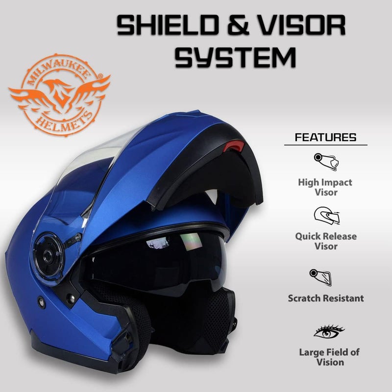 Milwaukee Helmets خوذة ميلووكي MPH9818DOT 'بreeze' زرقاء متقدمة للدراجات النارية مع واقي وجه قابل للسحب - صغير جداً - Image 5