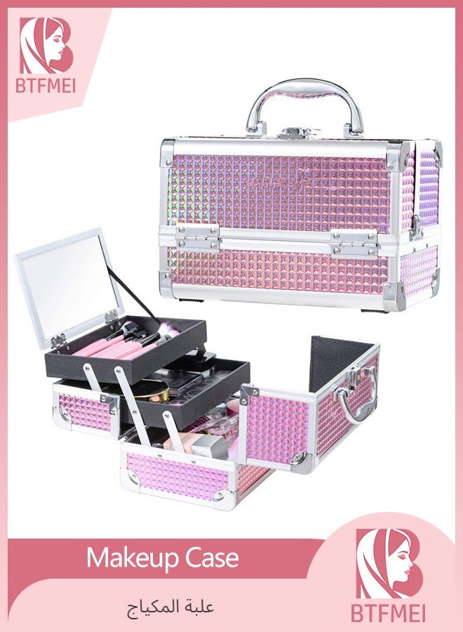 BTFMEI Makeup Train Case, Makeup Case Organizer, Portable Cosmetic Box Storage with 2 Trays Mirror, Locking Make up Artist Travel Case, Nail Kits Traveling Makeup Box (Pink) - Image 1