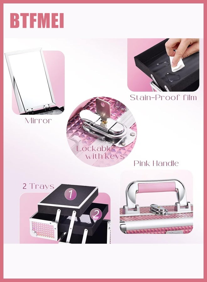 BTFMEI Makeup Train Case, Makeup Case Organizer, Portable Cosmetic Box Storage with 2 Trays Mirror, Locking Make up Artist Travel Case, Nail Kits Traveling Makeup Box (Pink) - Image 3