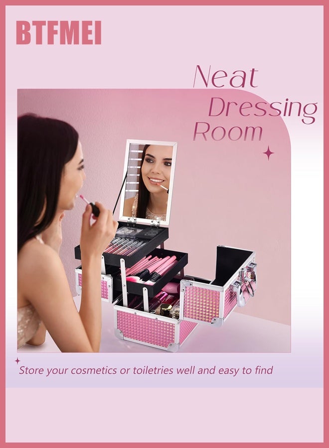 BTFMEI Makeup Train Case, Makeup Case Organizer, Portable Cosmetic Box Storage with 2 Trays Mirror, Locking Make up Artist Travel Case, Nail Kits Traveling Makeup Box (Pink) - Image 4