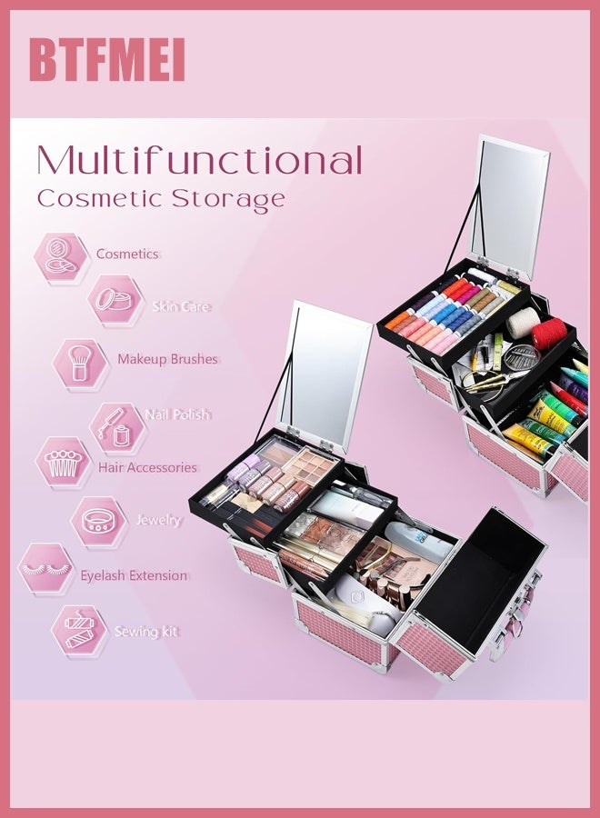 BTFMEI Makeup Train Case, Makeup Case Organizer, Portable Cosmetic Box Storage with 2 Trays Mirror, Locking Make up Artist Travel Case, Nail Kits Traveling Makeup Box (Pink) - Image 2