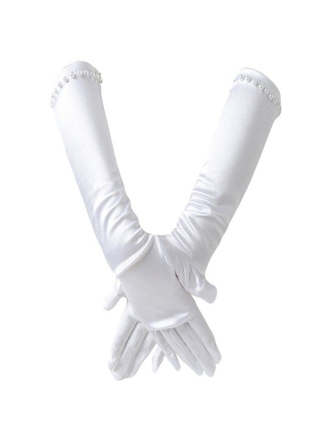PURFUN Kids Girls Princess Pearl Long Satin Gloves for 6-10yrs - First Communion, Prom, Birthday, Wedding, Halloween Costume Gloves - White - Image 1
