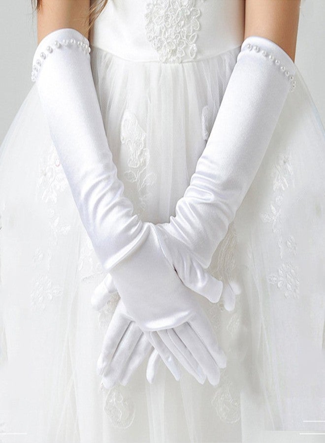 PURFUN Kids Girls Princess Pearl Long Satin Gloves for 6-10yrs - First Communion, Prom, Birthday, Wedding, Halloween Costume Gloves - White - Image 5