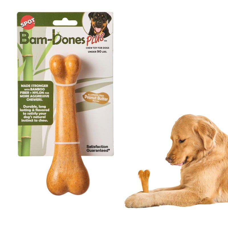 SPOT Bam-Bones Plus Dino Bone - Bamboo Fiber & Nylon, Durable Long Lasting Dog Chew for Aggressive Chewers â€“ Great Toy for Dogs Under 90lbs, Non-Splintering, 7.25in Peanut Butter Flavor Allergen Free - Image 1